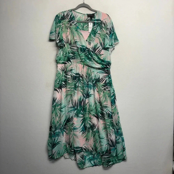 NWT Lane Bryant Maxi Dress 16 Pink Green Tropical Leaves Flutter Sleeve - Picture 1 of 7